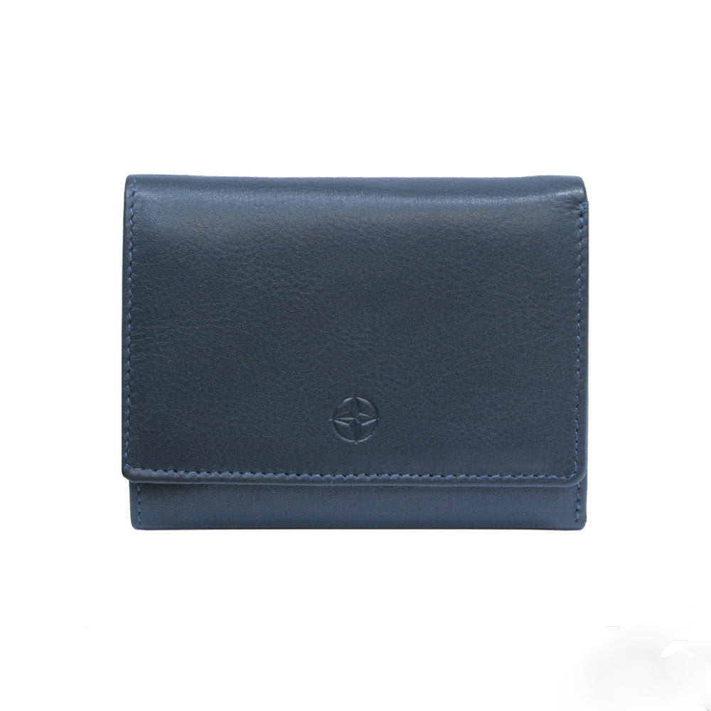 Navy Tony Perotti Cortina 5063 small trifold wallet seen straight on, closed, with the embossed compass rose on the flap