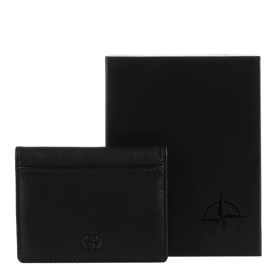 Tony Perotti Cortina 5046 nero — the card wallet next to its black Cortina gift box embossed with the compass emblem