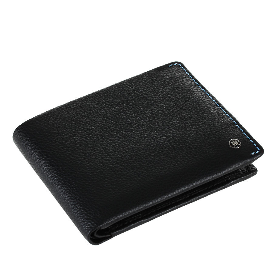 Tony Perotti Timone 11013P black leather bifold wallet lying closed, angled top view
