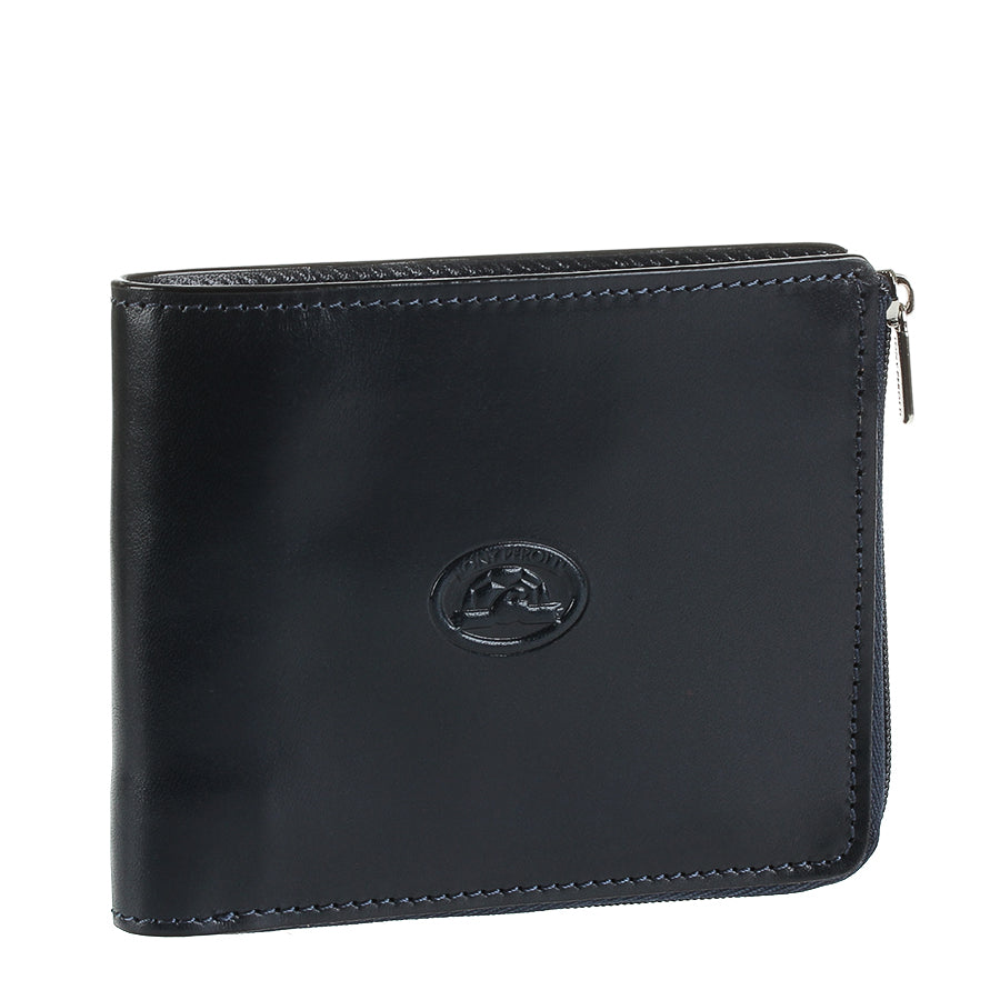 Tony Perotti Italico 3645 navy leather bifold wallet at an angle with zip pull on the side