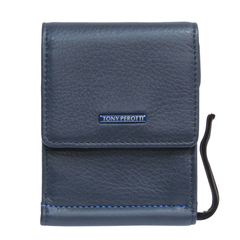 Tony Perotti navy calf leather money clip with metal nameplate — New Contatto 3595 navy
