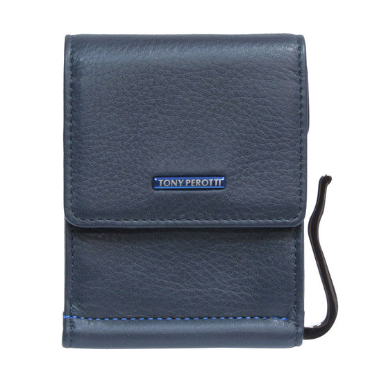 Tony Perotti navy calf leather money clip with metal nameplate — New Contatto 3595 navy