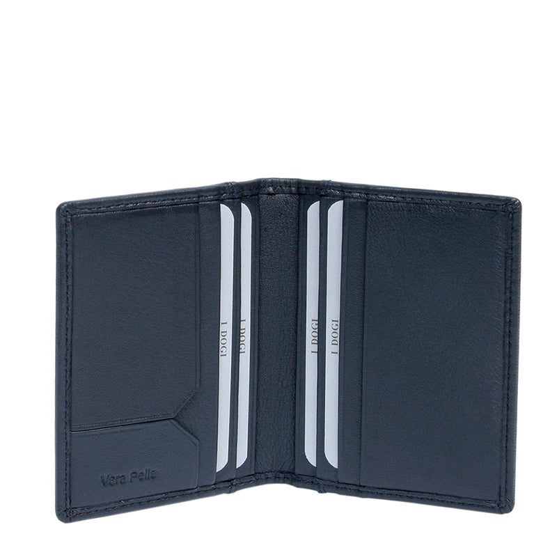 Tony Perotti Cortina 5046 navy — opened: two card slots and a notched slip pocket on each inner panel, with «Vera Pelle» embossed
