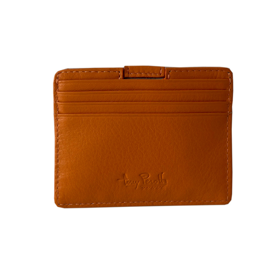 Reverse side of the orange leather card holder Tony Perotti Contatto 2236N arancio with three card slots and embossed Tony Perotti Firenze signature