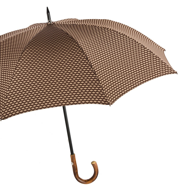 Open brown and beige jacquard umbrella from the side with the chestnut handle