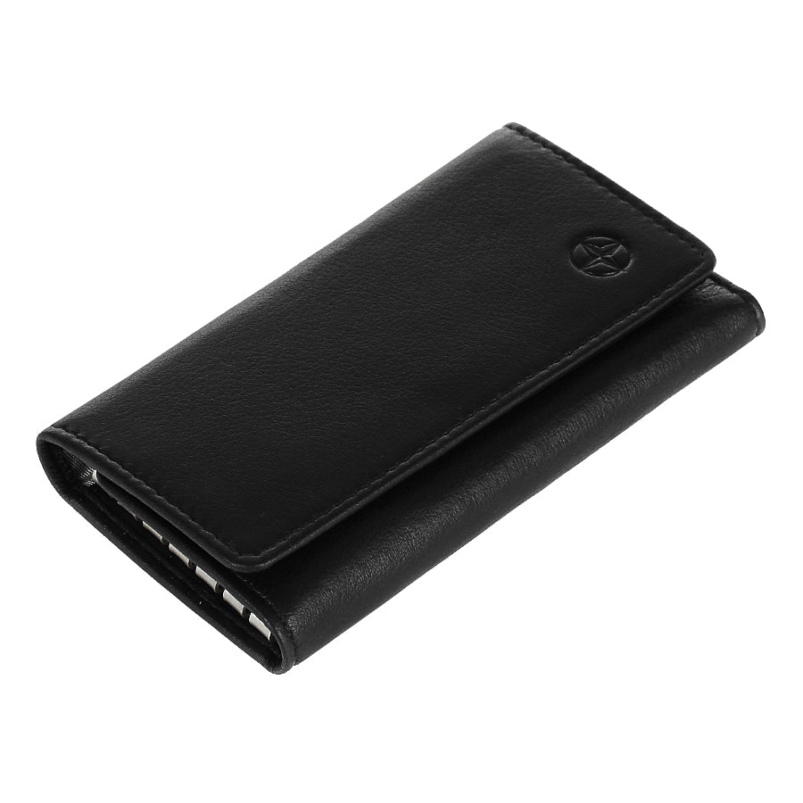 Black leather key case half open showing the key hooks inside — Tony Perotti Cortina 5005 nero