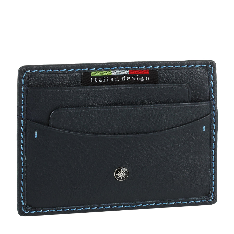 Tony Perotti Timone 11043 navy — the card holder straight on, showing the light blue contrast stitching around the edge