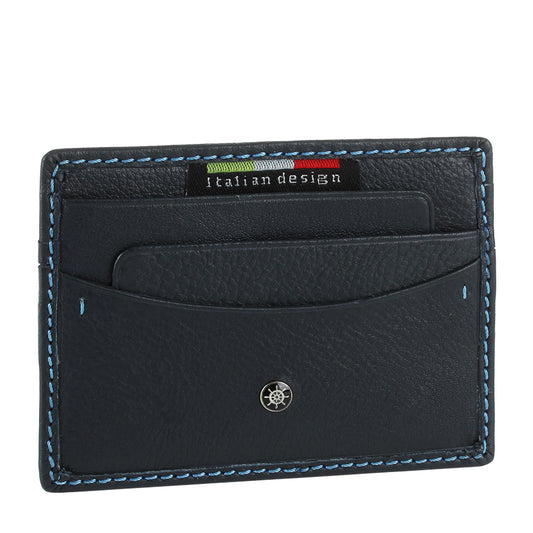 Tony Perotti Timone 11043 navy — the card holder straight on, showing the light blue contrast stitching around the edge
