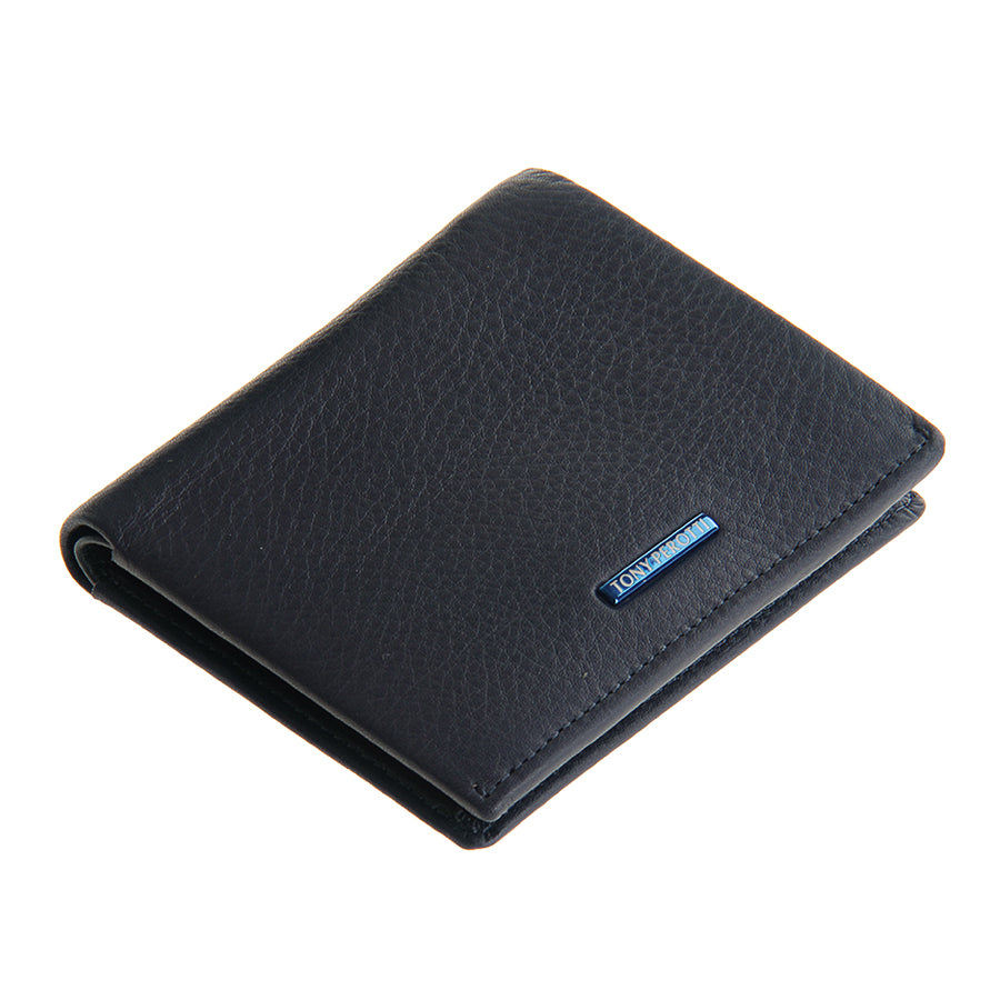 Navy leather compact bifold wallet Tony Perotti New Contatto 3504 navy, closed, angled view