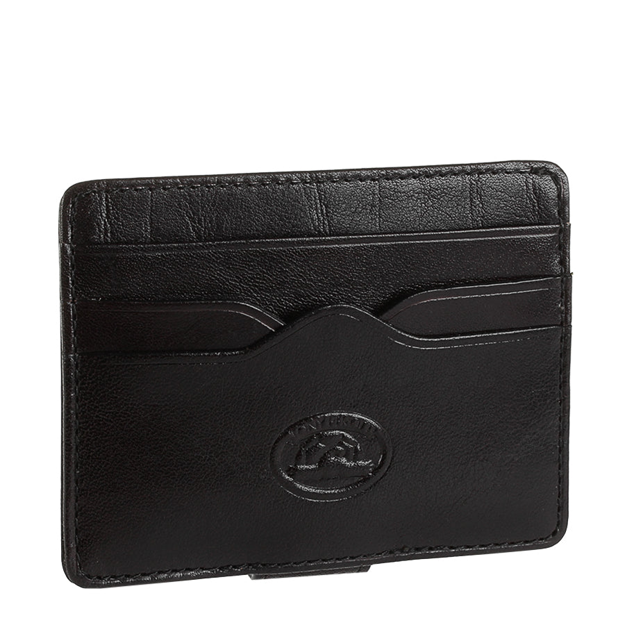 Black leather card holder angled front view with card slots — Tony Perotti Italico 2553 nero