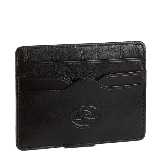 Black leather card holder angled front view with card slots — Tony Perotti Italico 2553 nero