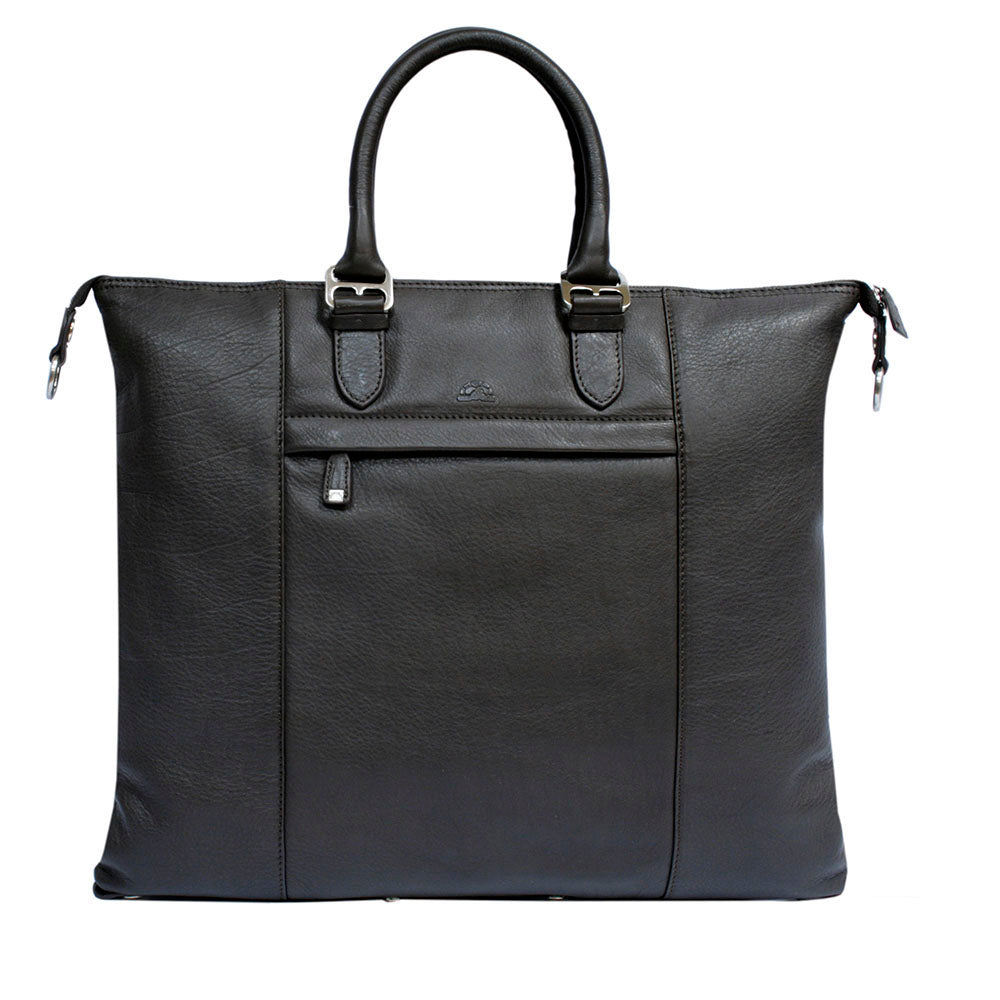 Tony Perotti Contatto 9217-31 moro dark brown leather handbag — back panel in the open setting with the embossed Tony Perotti emblem and the full-width zip pocket