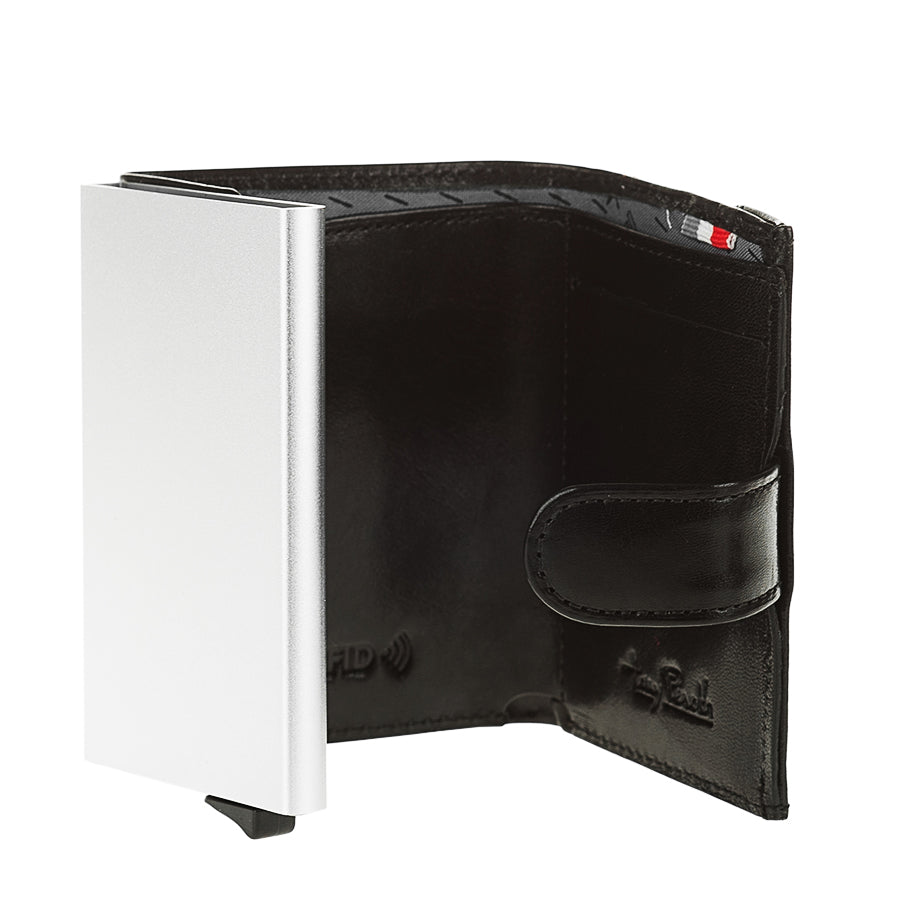 Tony Perotti Nevada 3768 nero — open, aluminium card case, patterned lining and card slot