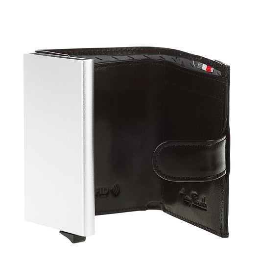 Tony Perotti Nevada 3768 nero — open, aluminium card case, patterned lining and card slot