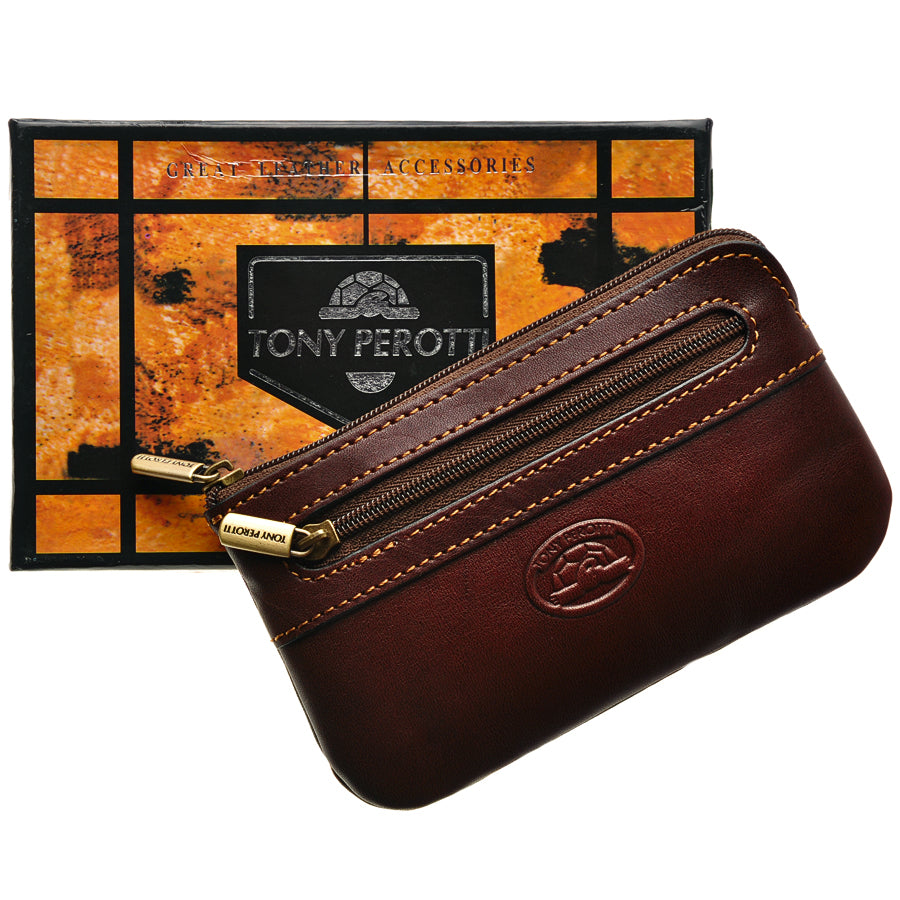 Dark brown leather key pouch beside its branded Tony Perotti box, handcrafted in Italy — Italico 359 moro