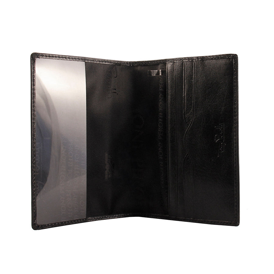 Black passport cover Tony Perotti Italico 1597 nero opened — large transparent pocket on the left and three card slots on the right
