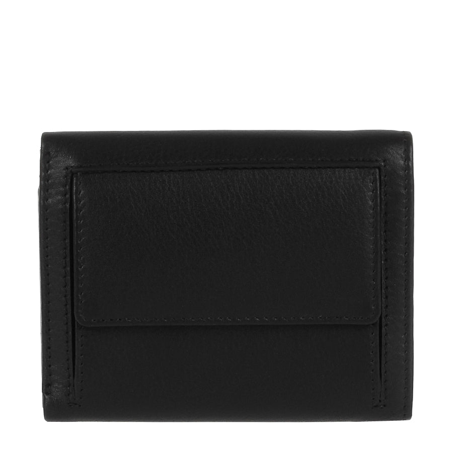 Back of the black Tony Perotti Cortina 5063 wallet with the coin pocket under its own flap