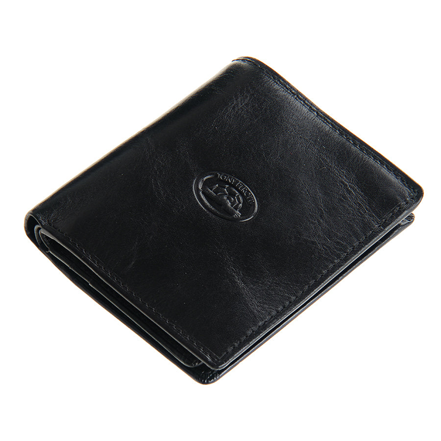 Tony Perotti Italico 2112 nero black leather compact bifold wallet closed, shown at an angle with the embossed oval Tony Perotti emblem