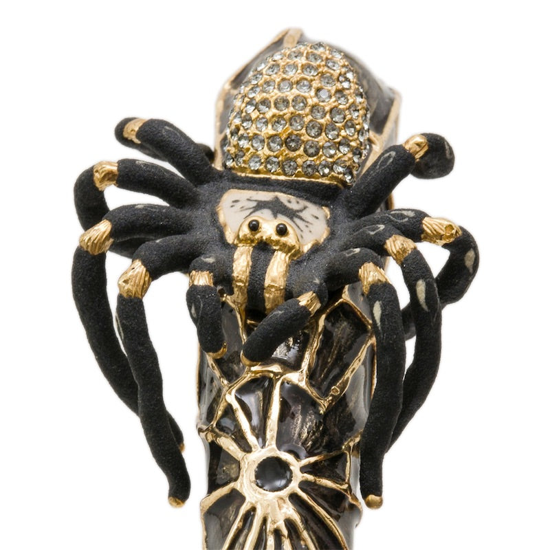 Tarantula with a Swarovski crystal body on an enameled web handle, close-up, handcrafted in Italy