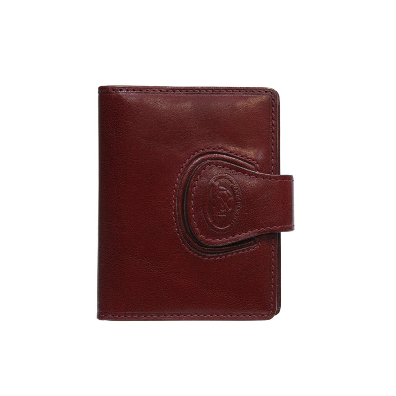Tony Perotti Accademia 369 rosso — the red leather card holder closed, with the leather tab folded across and the embossed turtle medallion