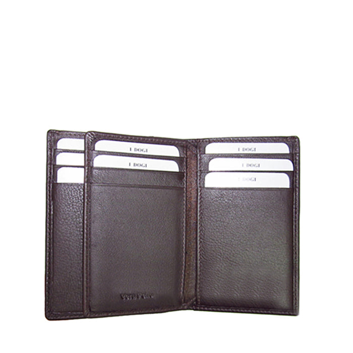 Dark brown Cortina 5065 card wallet open showing the flip-out card panel