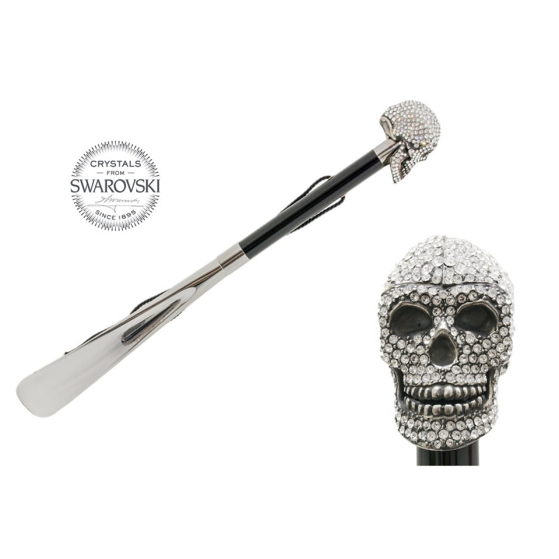 Pasotti Swarovski crystal skull shoehorn, full view with a close-up of the skull — CS W333tr