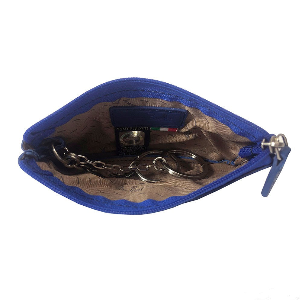 Tony Perotti New Rainbow 359 bluette — opened: the beige brand-print lining, the sewn-in authenticity tag and the two rings on chains