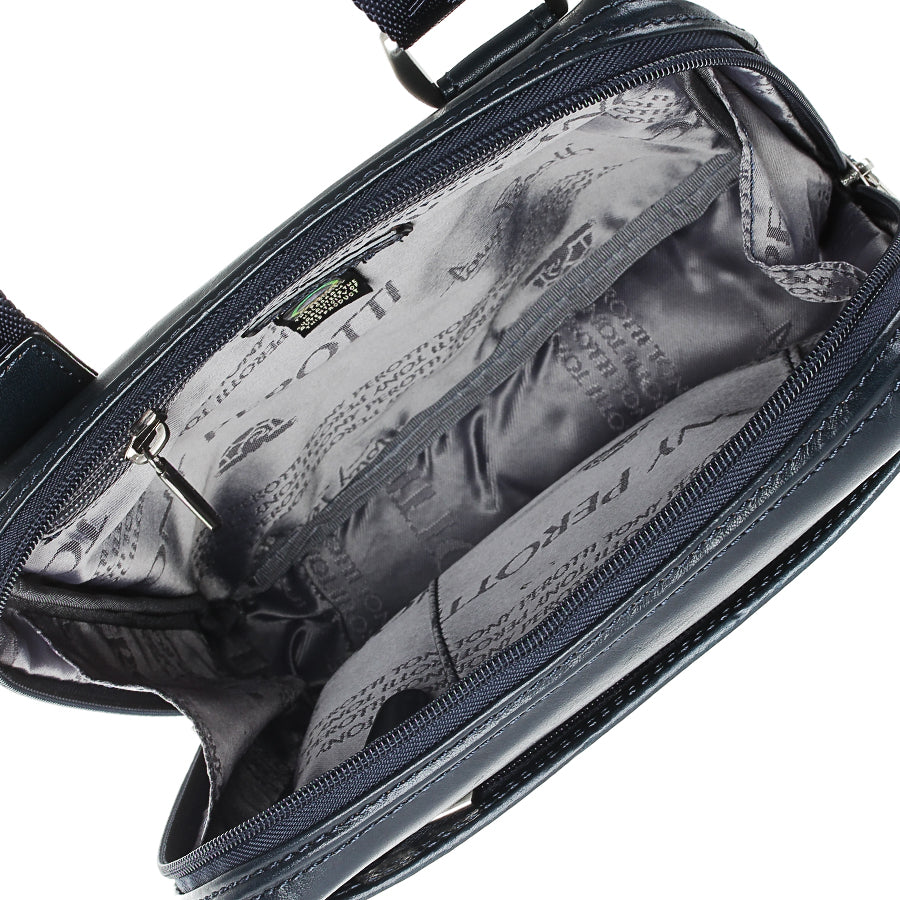Inside the navy crossbody bag: branded lining, zip pocket and hologram tag — Italico 6001 navy