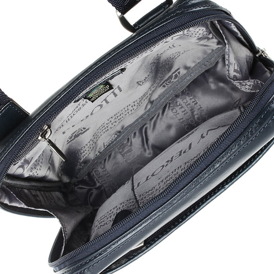 Inside the navy crossbody bag: branded lining, zip pocket and hologram tag — Italico 6001 navy