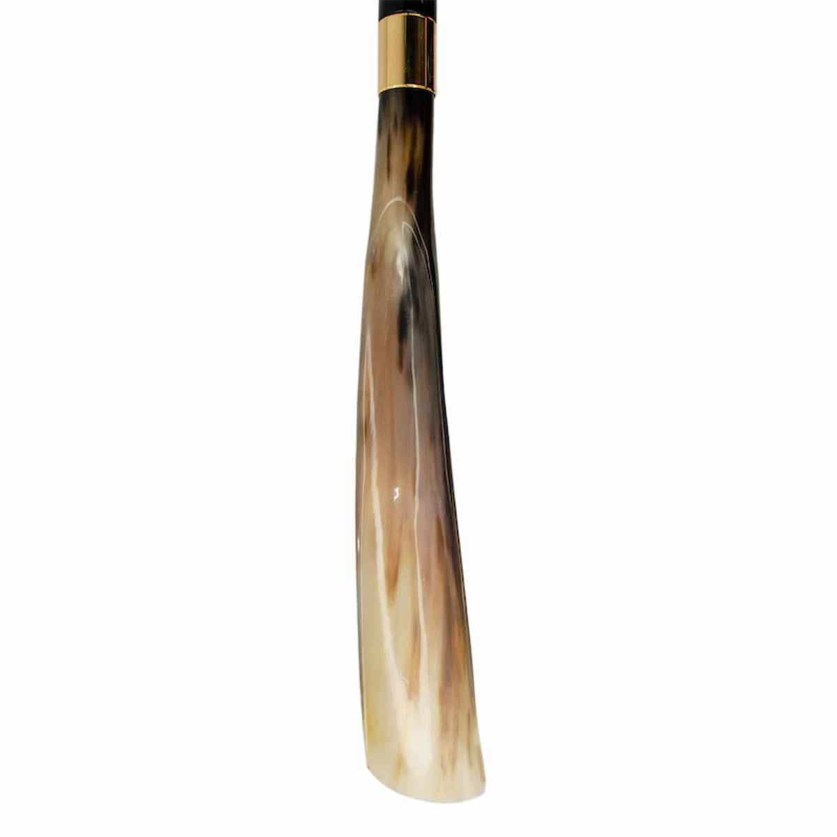Polished natural horn blade with honey and dark brown streaks, close-up