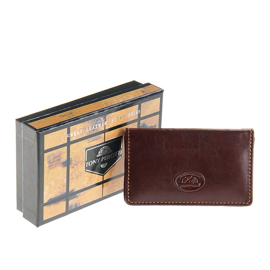 Dark brown leather business card holder with Tony Perotti branded gift box — Italico 2678 moro