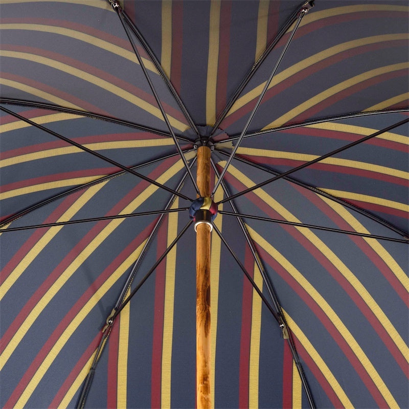 Underside of the striped canopy with eight ribs and natural ash shaft