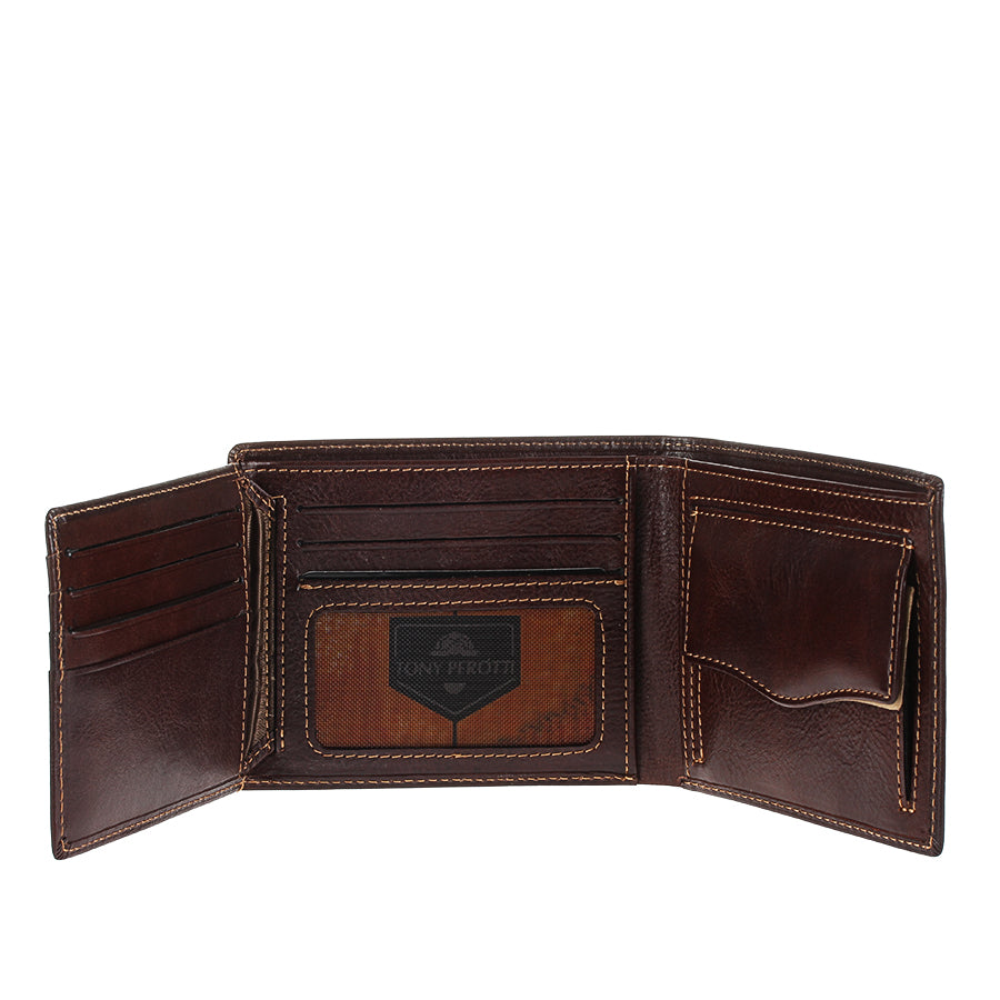 Dark brown leather bifold wallet Tony Perotti Italico 3620 moro — flip opened: card slots, mesh ID window, coin pocket