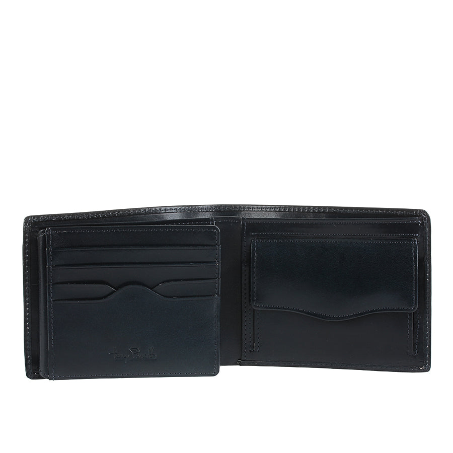 Navy blue leather bifold wallet Tony Perotti Italico 3620 navy opened — card flip with slots and a flap coin pocket