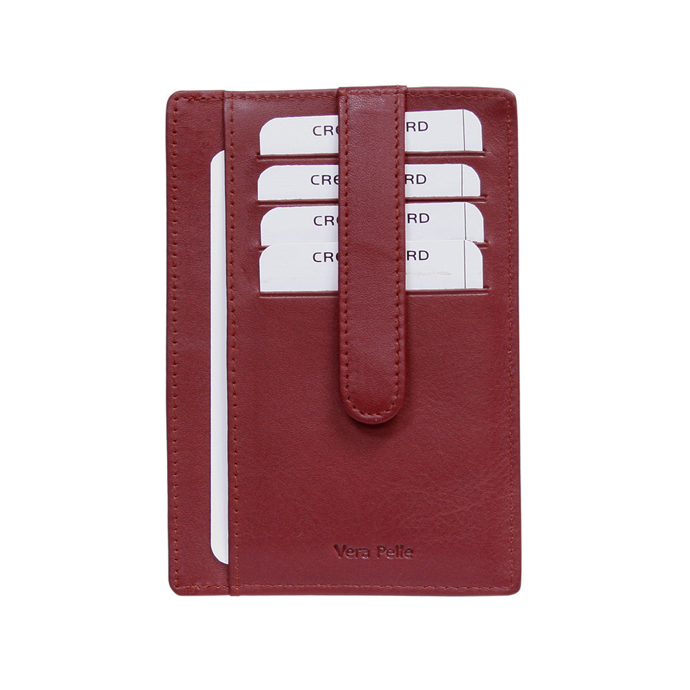 Tony Perotti Cortina 5001 rosso — back face of the red leather card holder with the strap down the centre and cards in the slots either side of it