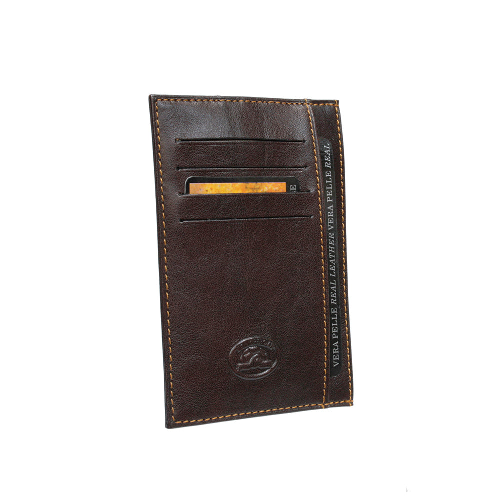 Dark brown leather card holder angled view with card in slot and Vera Pelle tag — Tony Perotti Italico 1203 moro
