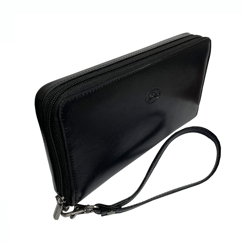 Angled view of the black Italico 3528-21 — two zip-around compartments and wrist strap