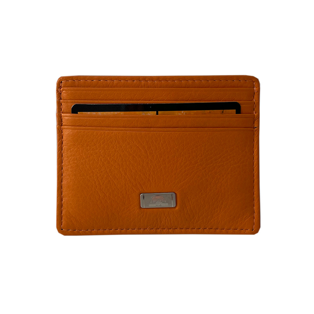 Orange leather slim card holder Tony Perotti Contatto 2236N arancio front view with three card slots and metal Tony Perotti plate