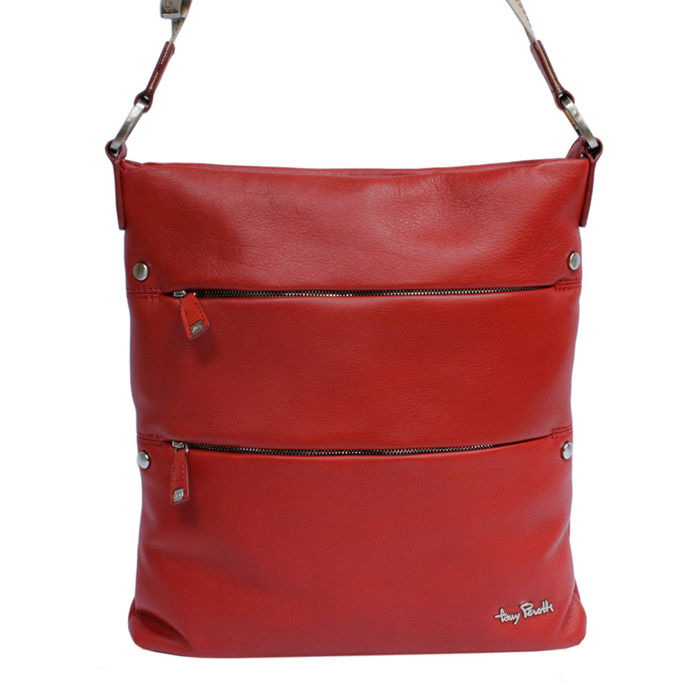 Tony Perotti Contatto 9579-28 rosso women's red leather crossbody bag seen from the front — two zipped pockets across the panel and the Tony Perotti signature plate in the lower corner