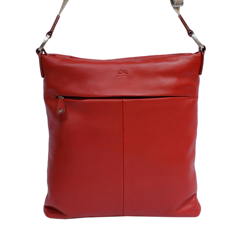Back of the Tony Perotti Contatto 9579-28 rosso red leather crossbody bag — one zipped pocket and the embossed Tony Perotti emblem above it
