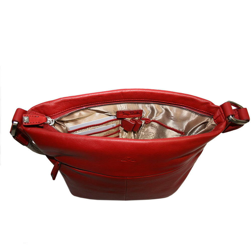 Inside the Tony Perotti Contatto 9579-28 rosso red leather bag — champagne lining printed with the Tony Perotti name, four card slots and a zipped pocket