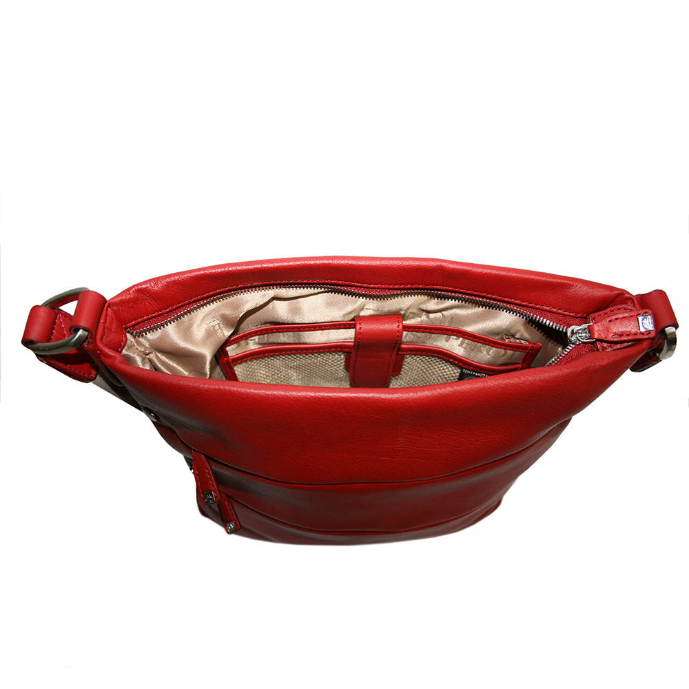 Inside the Tony Perotti Contatto 9579-28 rosso red leather bag from the other side — the pocket with a mesh panel and the slots for a phone and pens