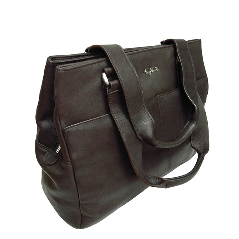 Tony Perotti Contatto 9716 moro women's dark brown leather tote bag at an angle — long leather handles on silver brackets, the Tony Perotti signature on the upper panel and the zip of the centre compartment curving down the side
