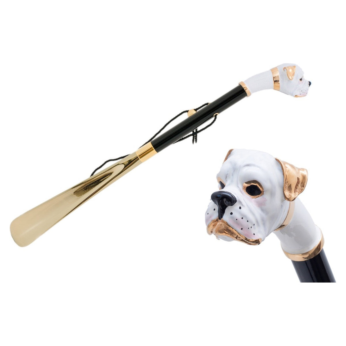 Pasotti white boxer head shoehorn, full view with a close-up of the dog head — CS K22bi