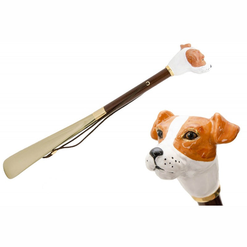 Pasotti Jack Russell head shoehorn, full view with a close-up of the dog's head — CS K81