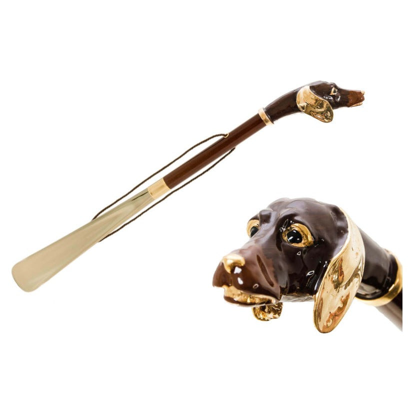 Pasotti dachshund head shoehorn, full view with a close-up of the dog's head — CS K84