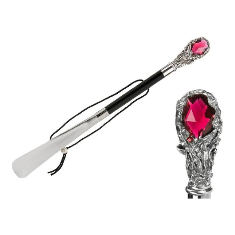 Pasotti red crystal shoehorn, full view with a close-up of the crystal handle — CS W68