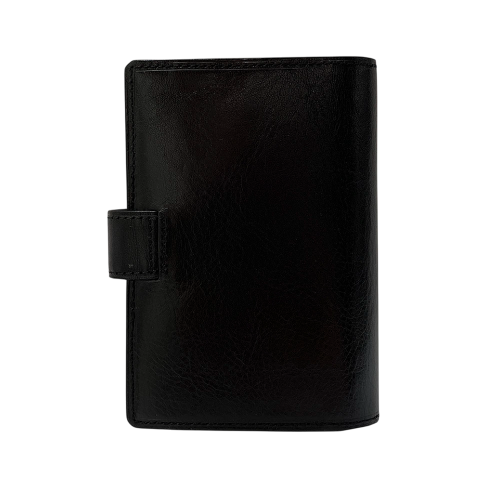 Back of the black leather Tony Perotti Italico 1424A nero document holder showing where the closure tab is stitched