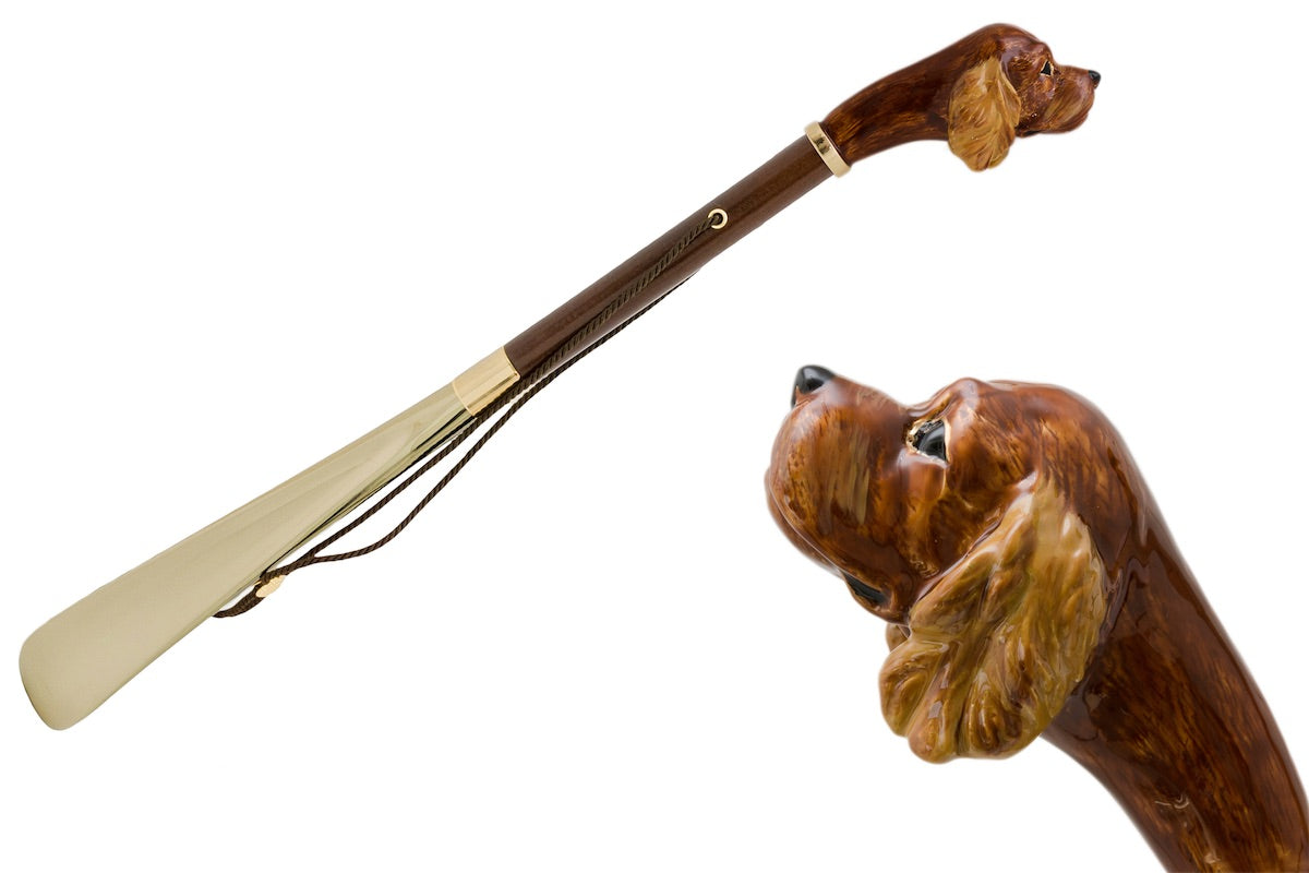 Pasotti shoehorn with enameled Cocker Spaniel head and wood shaft — CS K46