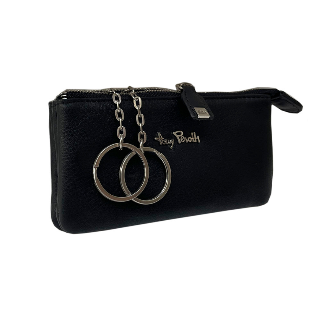Tony Perotti Contatto 3350 nero — the pouch at an angle, showing the zip and the leather tab with the turtle plaque